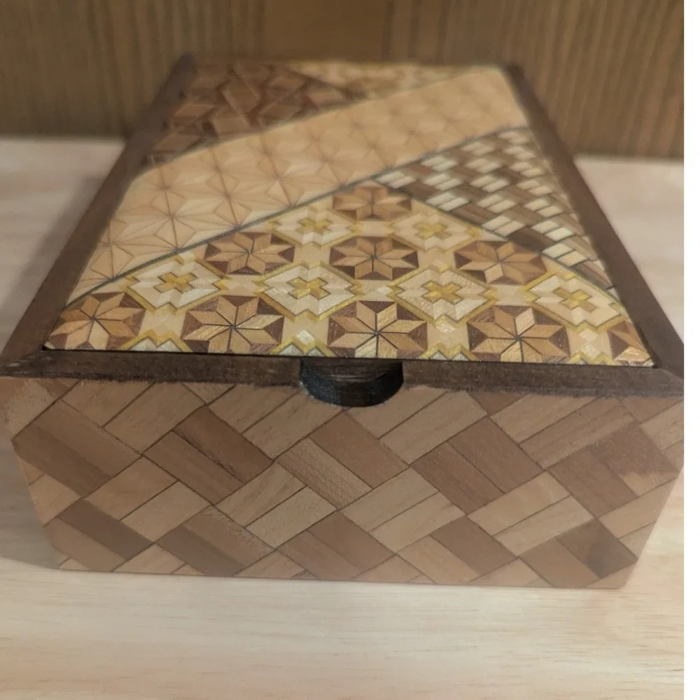 VTG Japanese Hakone Yosegi Zaiku Wood Mosaic Jewelry Box with Mirror Marquetry